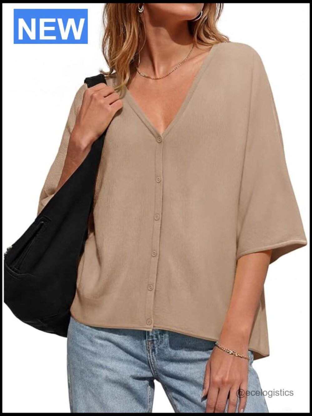 Oversized Cardigan V Neck Button Front Batwing Sleeve Lightweight Knit Tops